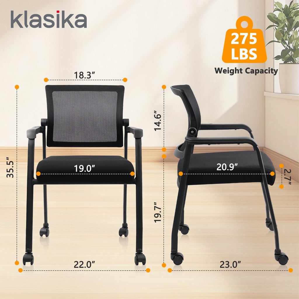 Waiting Room Chairs with Wheels, Adjustable Mesh Backrest, Desk Chair with Ergonomic Lumbar Support and Thickened Seats Cushion, Black