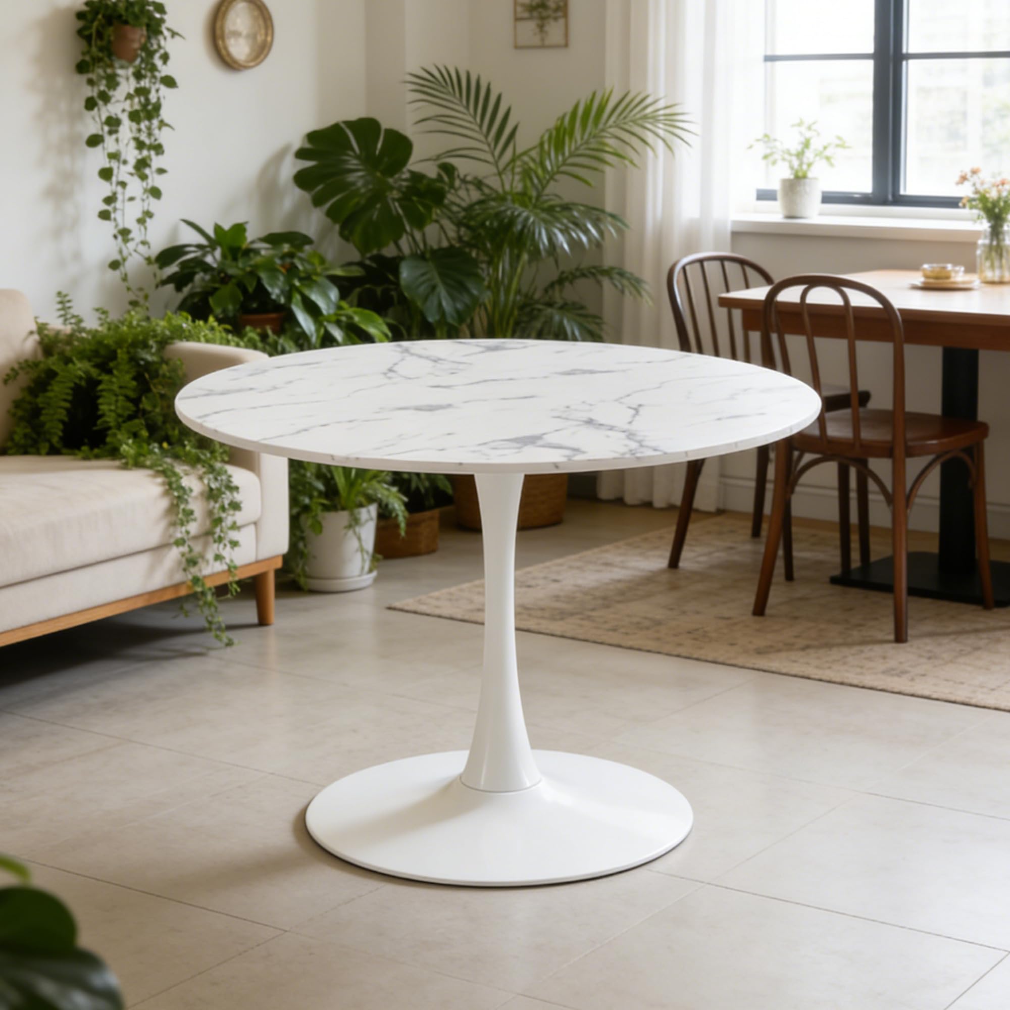 Sybrioka 42" Tulip Table for 4-6 Persons Modern Round Dining Table, Mid-Century Modern White Marble Small Kitchen Table with MDF Wooden Top, Leisure Coffee Table for Living Room, Dining Room, Office