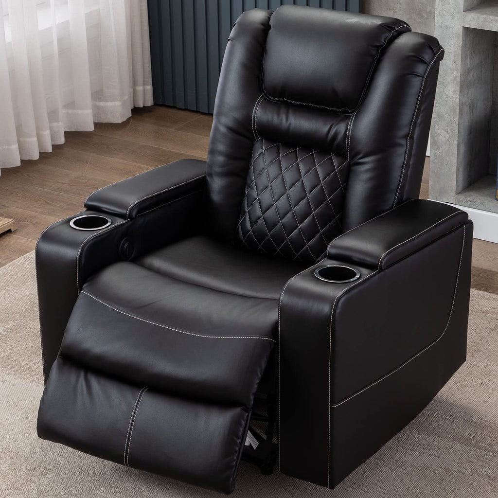 Electric Power Recliner Chair with USB Ports and Cup Holders, Breathable Leather Seating with Hidden Arm Storage (Black)