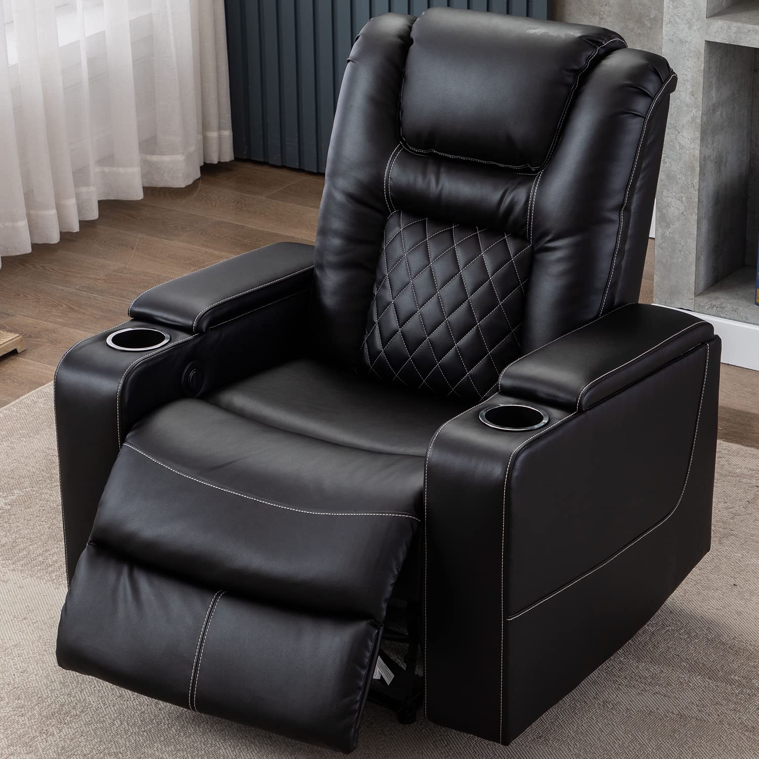 Electric Power Recliner Chair with USB Ports and Cup Holders, Breathable Leather Seating with Hidden Arm Storage (Black)