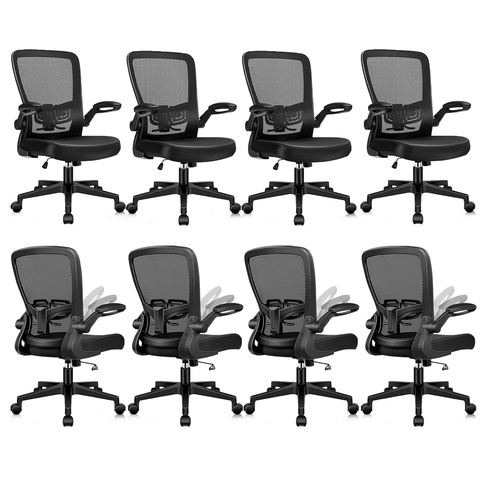 KLASIKA Office Desk Chairs with Wheels, Ergonomic Mesh Chair with Adjustable Height Lumbar Support, Rolling Swivel Computer Task Chair with Flip Up Armrests for Home, Study, Conference, Black (8PK)