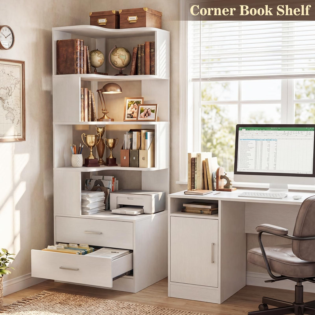 Corner Book Shelf with Drawers, Small Corner Shelf with Drawers