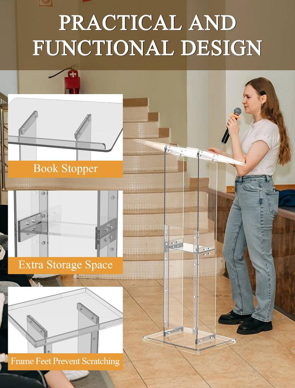 Acrylic Podium Stand with Storage Shelf, 45.5" Modern Clear Lectern with Reading Platform for Classroom, Weddings, Conference, Concert, Professional Presentation Podiums