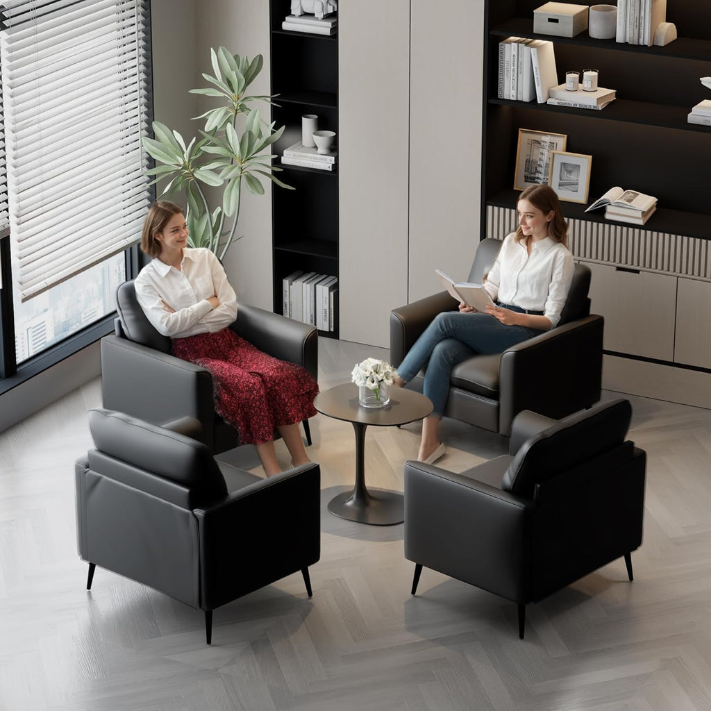 Accent Chairs Set of 2, Black Faux Leather Chairs, Mid Century Modern Comfy Living Room Chairs, Cozy Office Reading Chair, Reception Armchairs for Bedroom, Waiting Room