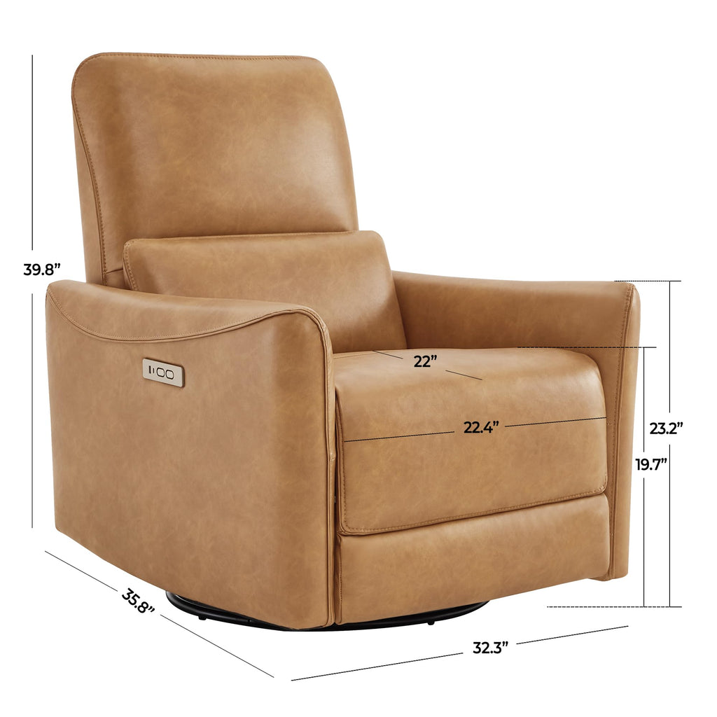 Power Recliner Chair Swivel Glider, FSC Certified Upholstered Faux Leather Living Room Nursery Reclining Sofa Chair with Lumbar Support, Cognac Brown