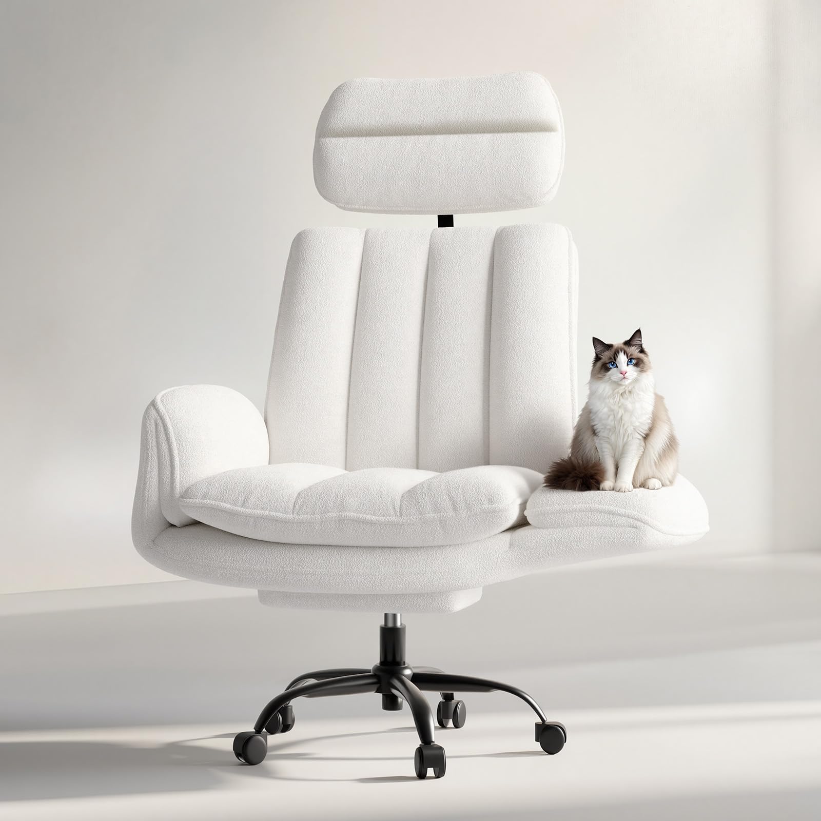 Criss Cross Office Chair with Armrests & Wheels, Comfy Velvet Vanity Chair, Ergonomic Executive Gaming Computer Chairs with Foot Rest, Wide Seat Reclining Desk Chair, White