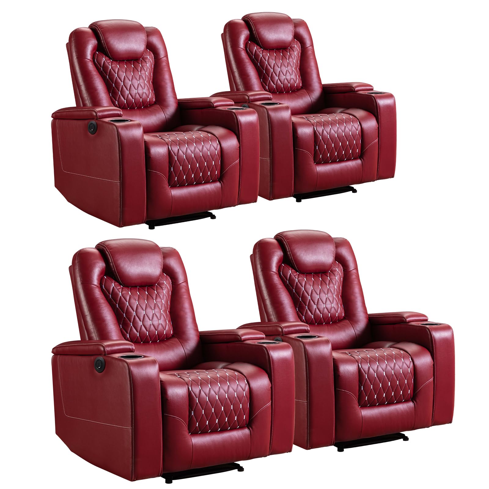 Power Recliner Chair Set of 4, Electric Soft Faux Leather Reclining Home Theater Seating - USB Ports, Cup Holders, Hidden Arm Storage Movie & Media Room Chairs (Red)