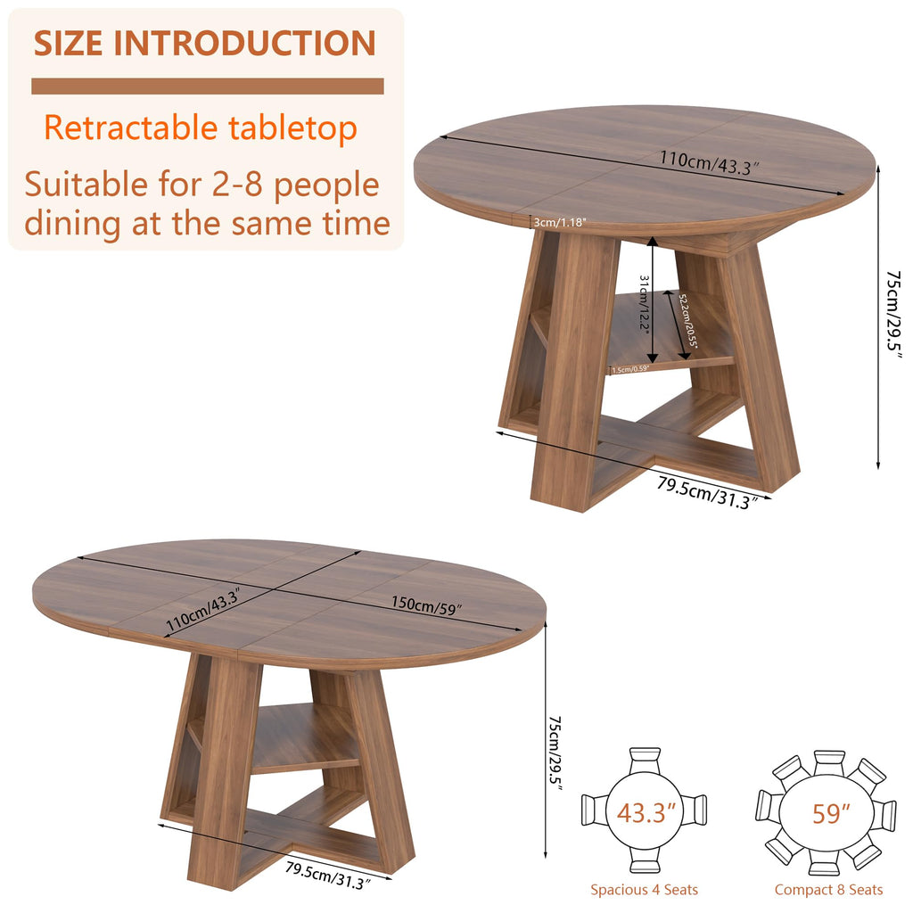 43.3in-59in Extendable Round Conference Table for 4-6 People,Wooden Oval Meeting Room Table with Removable Leaves,Space Saving,Office Table with Storage Shelf for for Office Conference Room