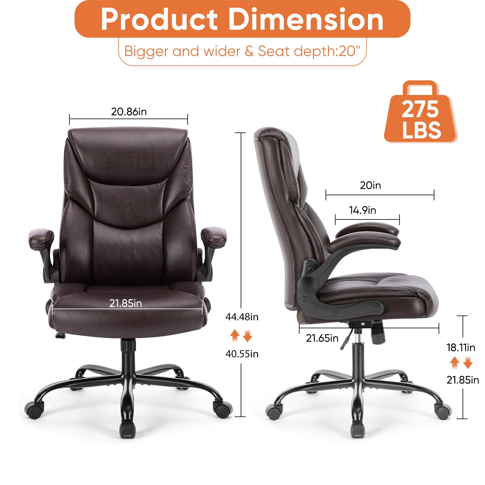 Set of 2, Ergonomic Computer Gaming Office Chair  Heavy Duty Task Desk Swivel Rolling Chairs with Wheels, Flip-up Arms, Adjustable Height, PU Leather,Dark Brown