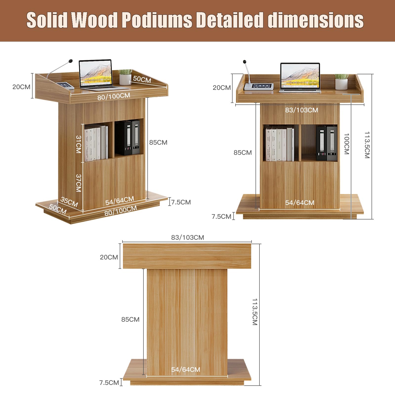 Podium Wooden Podium Floor Standing Podiums Teacher Podium Lectern Lecterns & Podiums Church Podium and Pulpits with Wire Holes and Storage (Light Walnut, L39.4″×W19.68″×H44″)