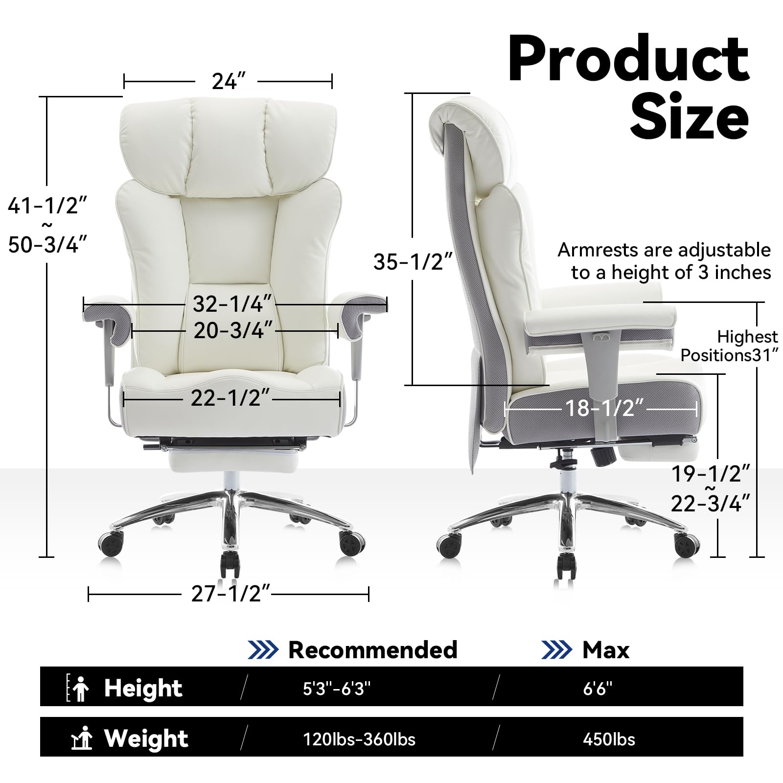 Big and Tall Office Chair with Footrest, 450lbs High Back Executive Chair with Spring Cushion, PU Leather Upholstery, Padded Armrests, Swivel Base, and Rolling Wheels – White Computer Chair