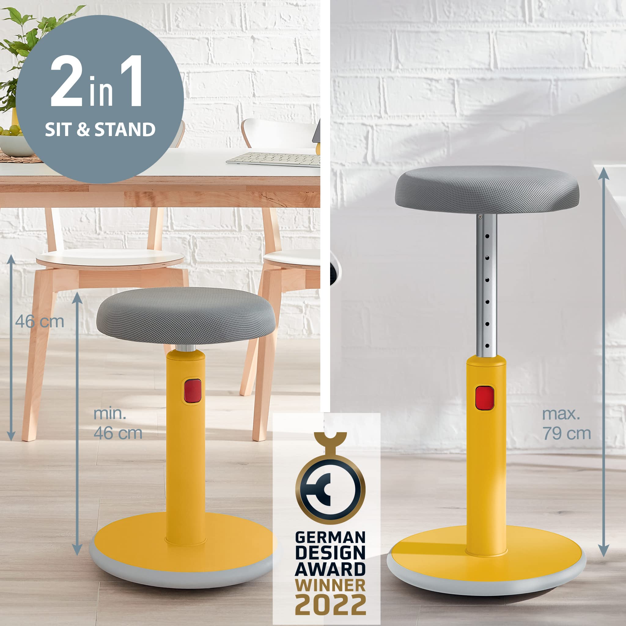 Sit Stand Stool - Ergonomic Height Adjustable 46cm to 79cm Wobble Chair, Round Swivel Office Desk Seat, Ergo Cosy Range, Warm Yellow