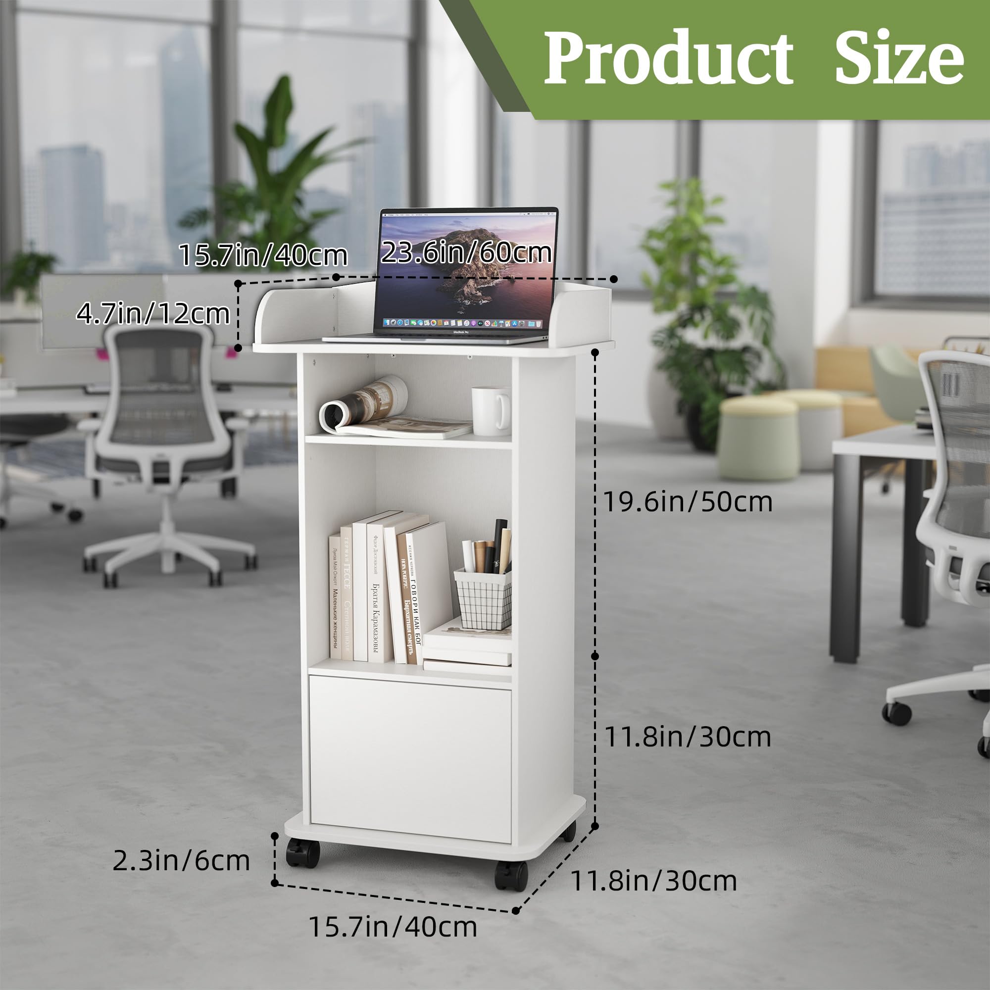 Podium Stand with Wheels Wooden Lectern Podium Stand Portable Pulpit Standing with Storage Mobile Reception Podiums Desk for Church Office School Conference Restaurant Meeting, White