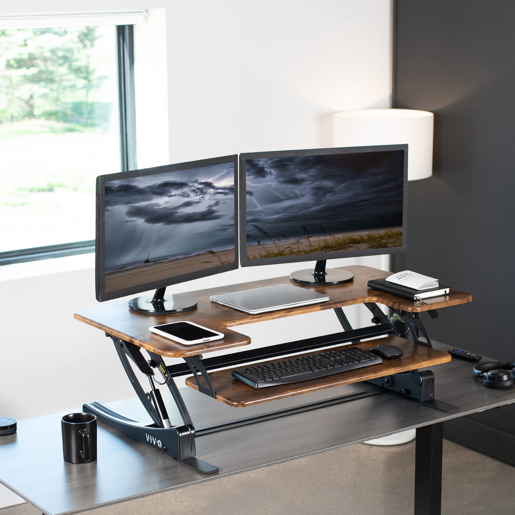 42 inch Height Adjustable Stand Up Desk Converter, V Series, Quick Sit to Stand Tabletop Dual Monitor Riser Workstation, Rustic Vintage Brown Top, Black Frame, DESK-V000VLN
