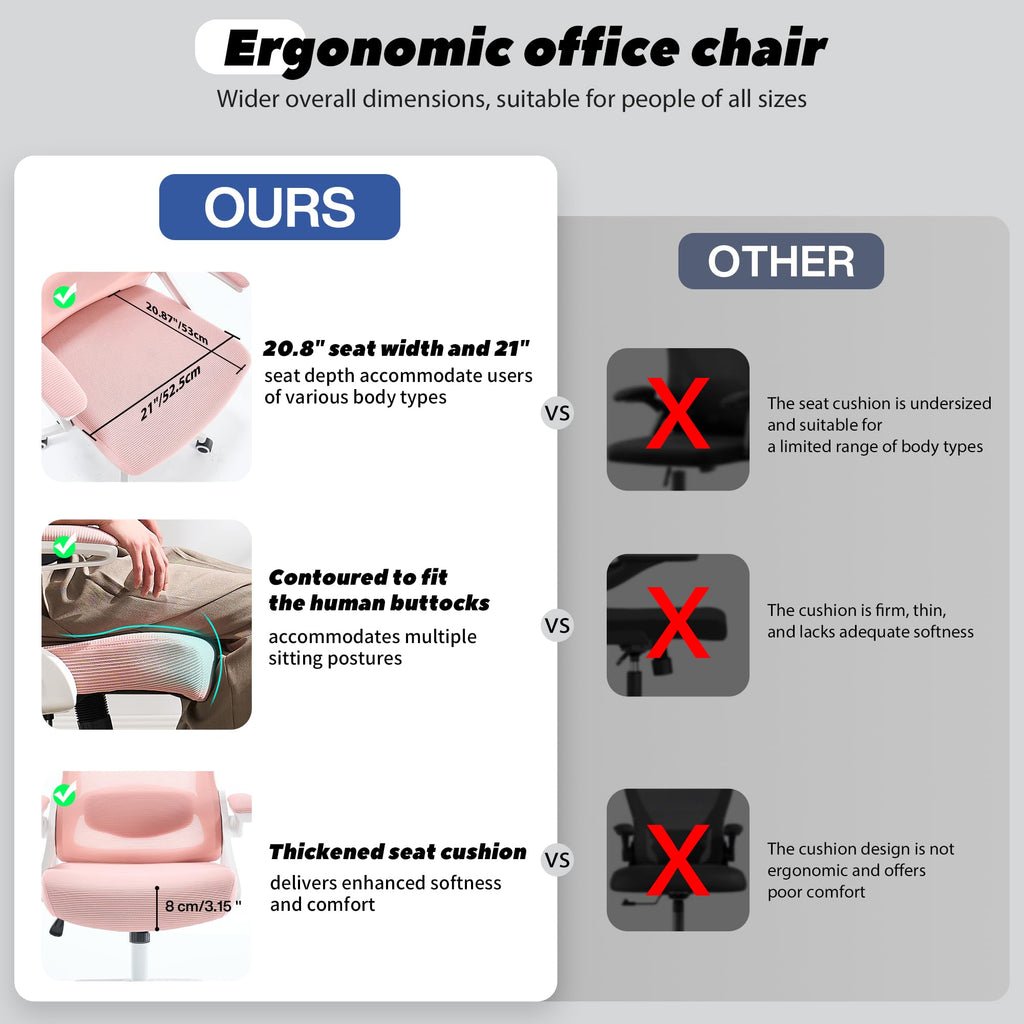 Ergonomic Office Chair, 400 LBS Desk Chair with Adjustable Lumbar Support, High Back Breathable Mesh Computer Chair Rolling Work Swivel Task Chairs, Comfy Home Office Desk Chair (Pink)