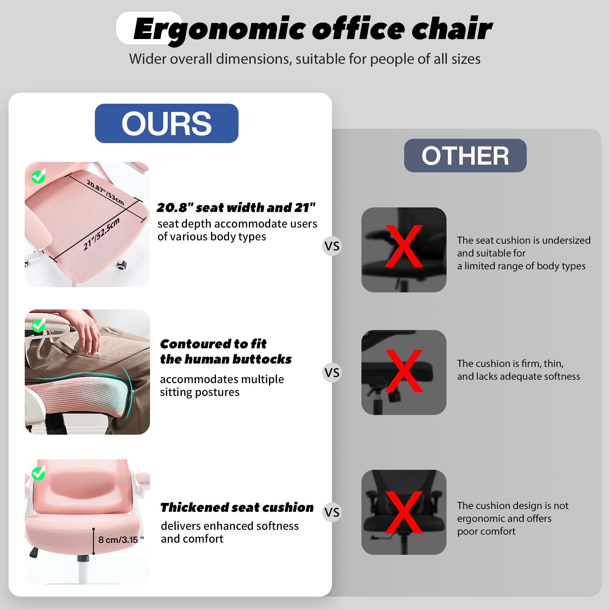 Ergonomic Office Chair, 400 LBS Desk Chair with Adjustable Lumbar Support, High Back Breathable Mesh Computer Chair Rolling Work Swivel Task Chairs, Comfy Home Office Desk Chair (Pink)