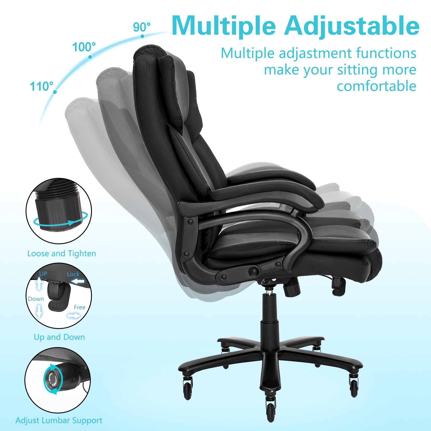 500lbs Big and Tall Office Chair, Heavy Duty Office Chair for Heavy People, High Back Executive Desk Chair with Adjustable Lumbar Support,Quiet Rubber Wheel,Pocket Spring Cushion