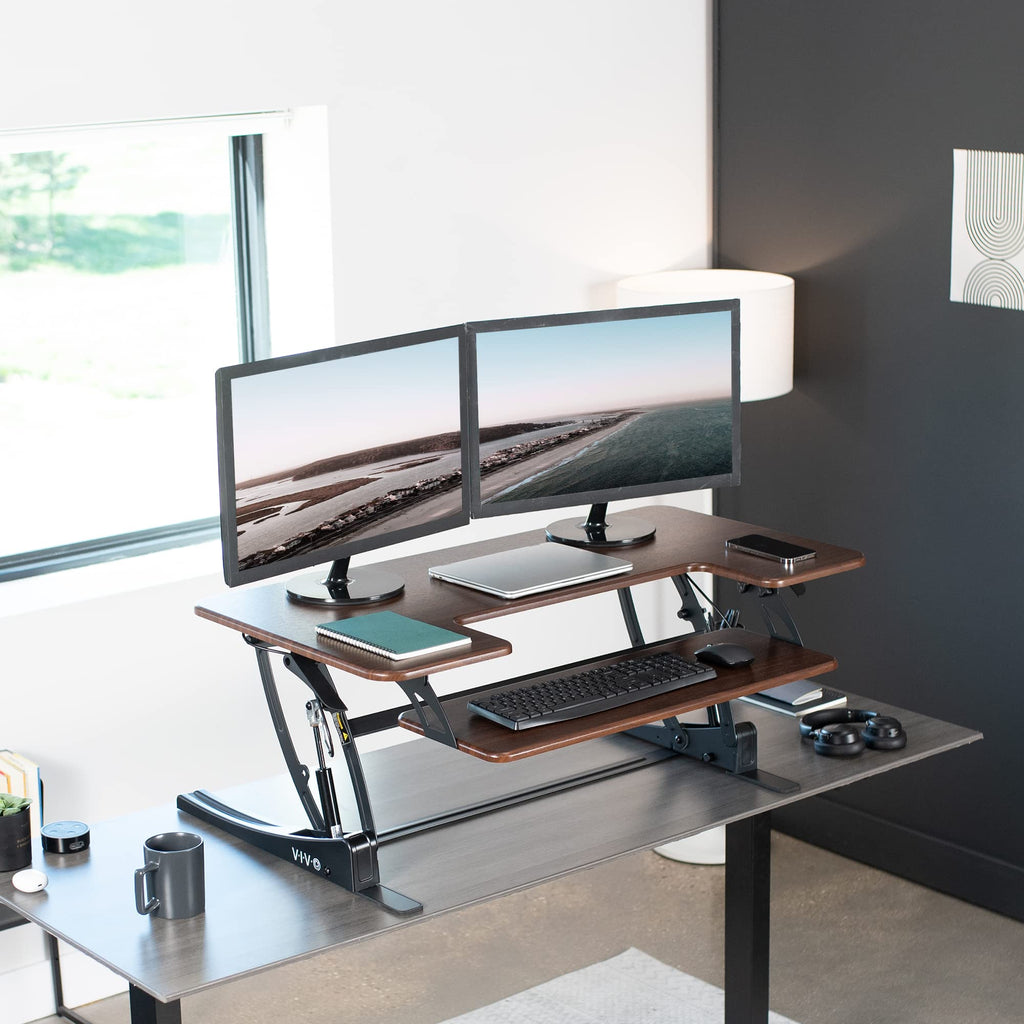 42 inch Height Adjustable Stand Up Desk Converter, V Series, Quick Sit to Stand Tabletop Dual Monitor Riser Workstation, Dark Walnut Top, Black Frame