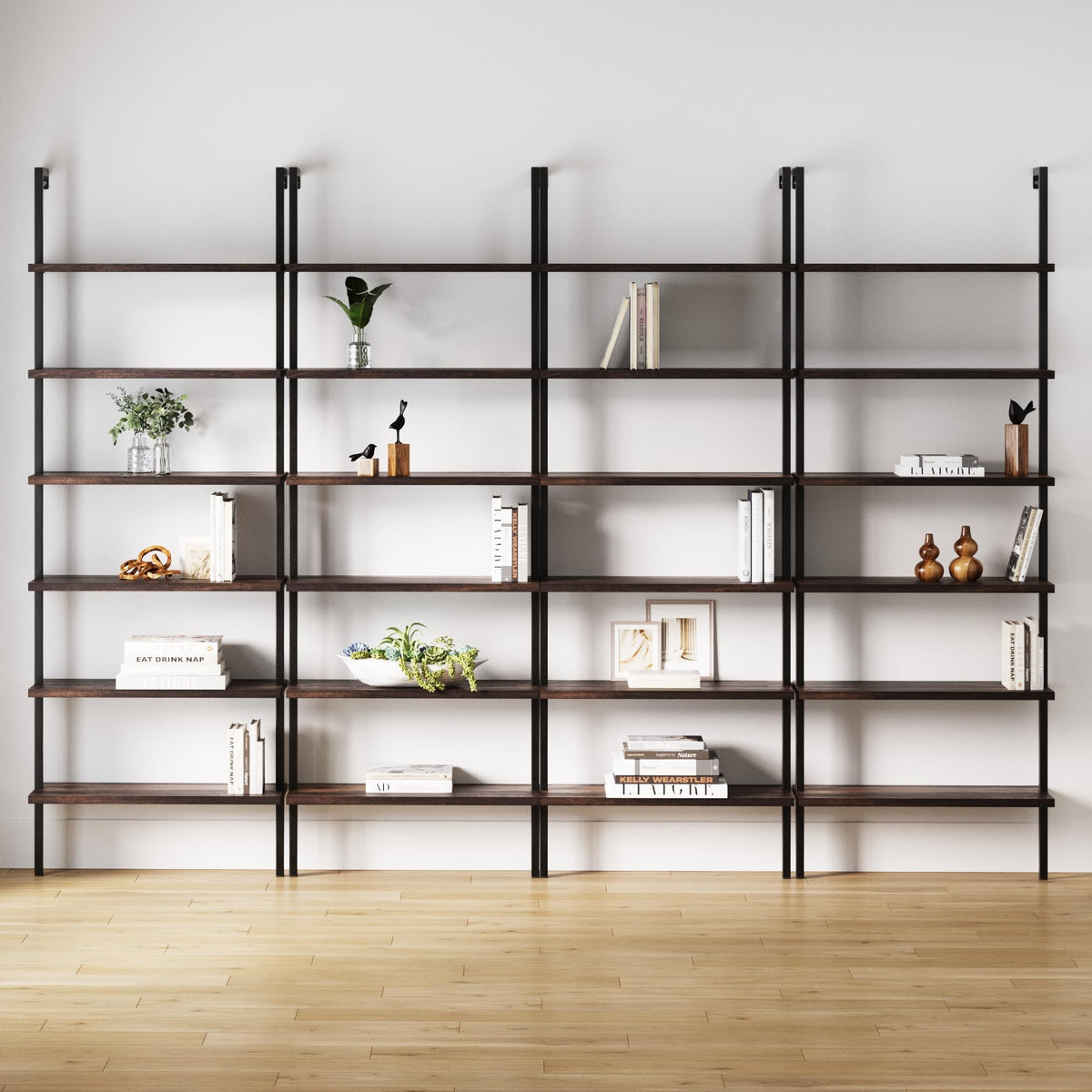 Set of 4, 6-Shelf Tall Bookcase, Wall Mount Bookshelf with Natural Wood Finish and Industrial Metal Frame, Nutmeg/Matte Black