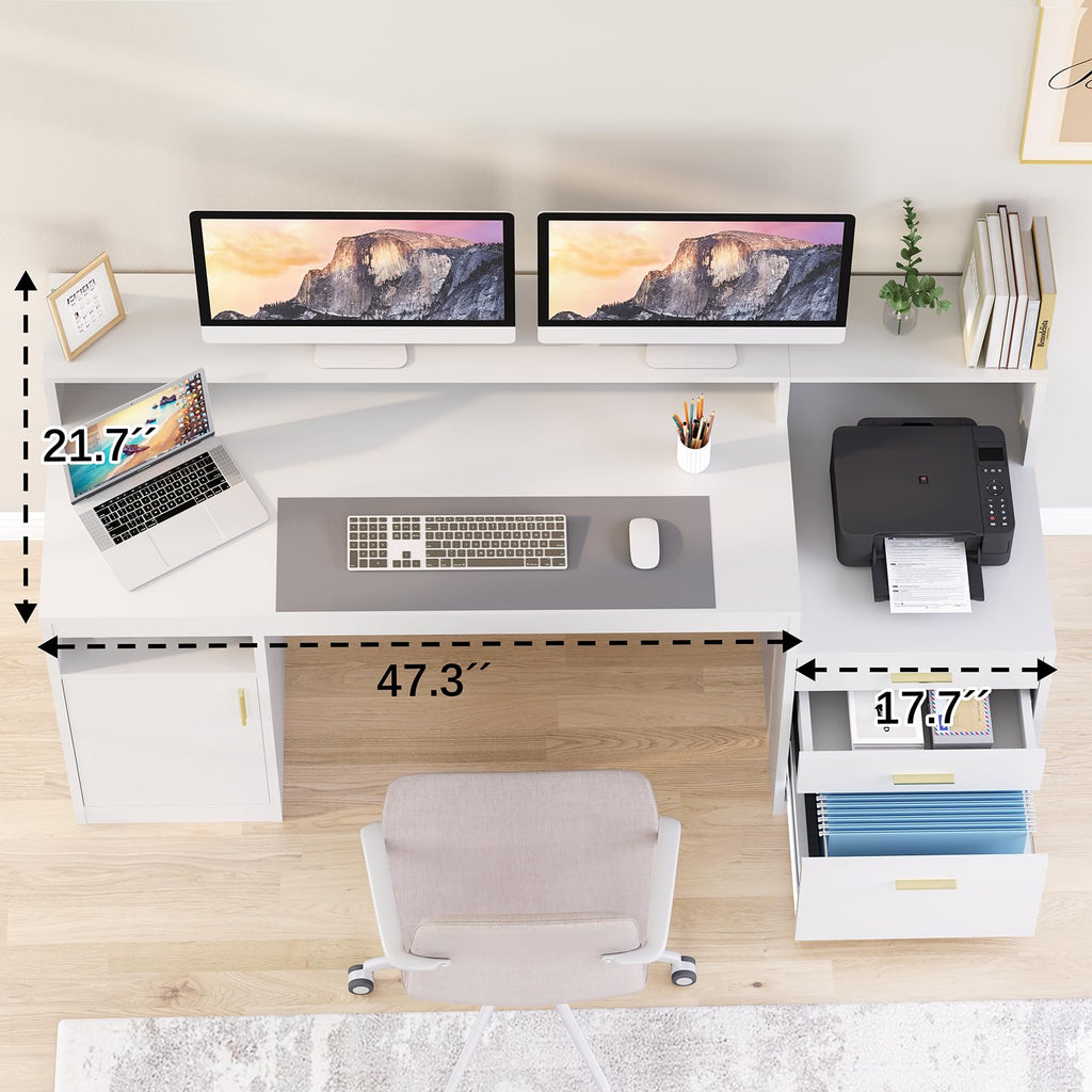 Computer Desk with 3 Drawer & Storage Shelves, Home Office Desk with File Drawer & Cabinet, Writing Study Table with Long Monitor Stand & Printer Shelf, Executive Desk, White