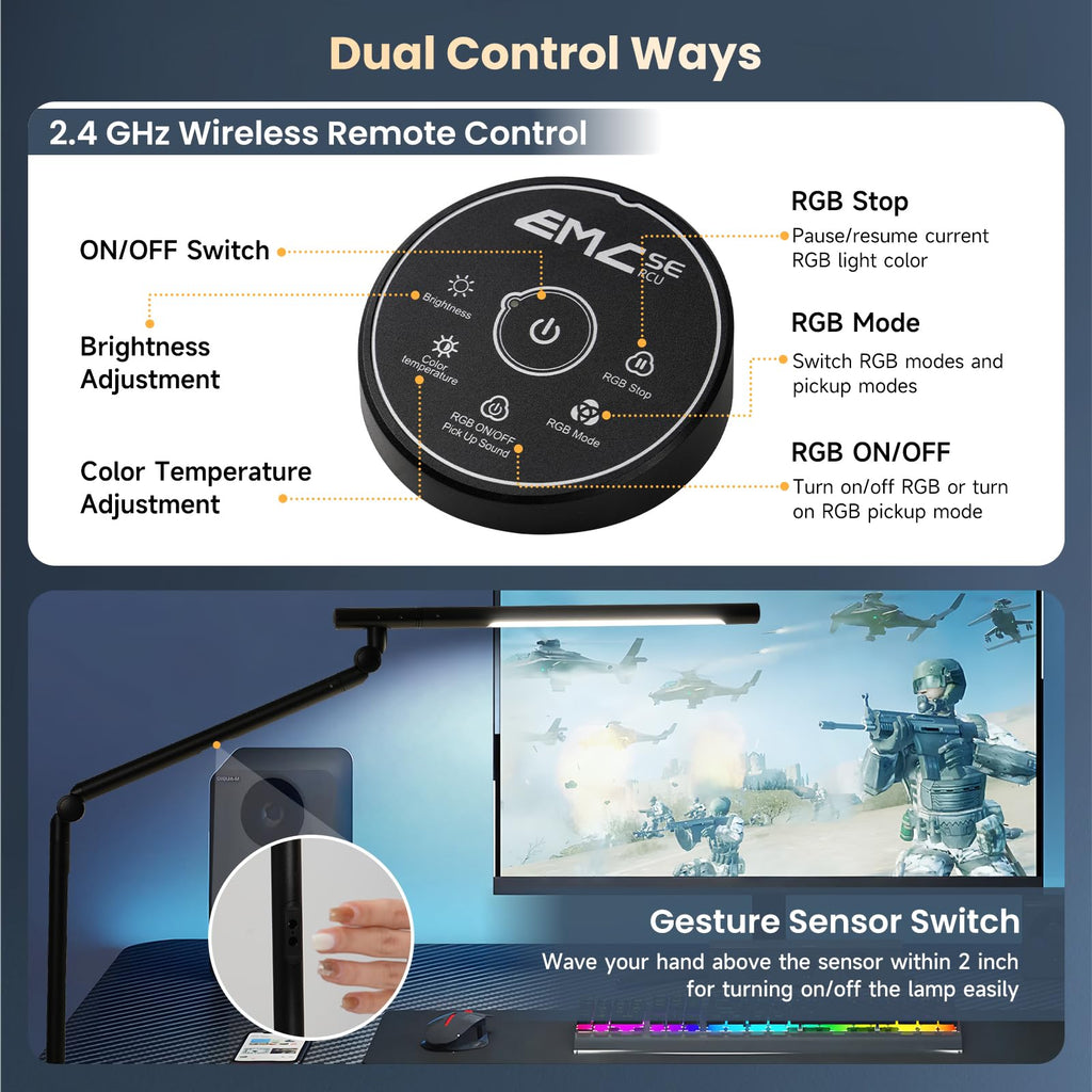 LED Desk Lamp with Clamp, 18W Dual Light Architect Desk Light, Adjustable Swing Arm RGB Light Sensor Switch, Eye-Caring 4 Modes Stepless Dimming Table Lamp for Home Office Reading Study Gaming