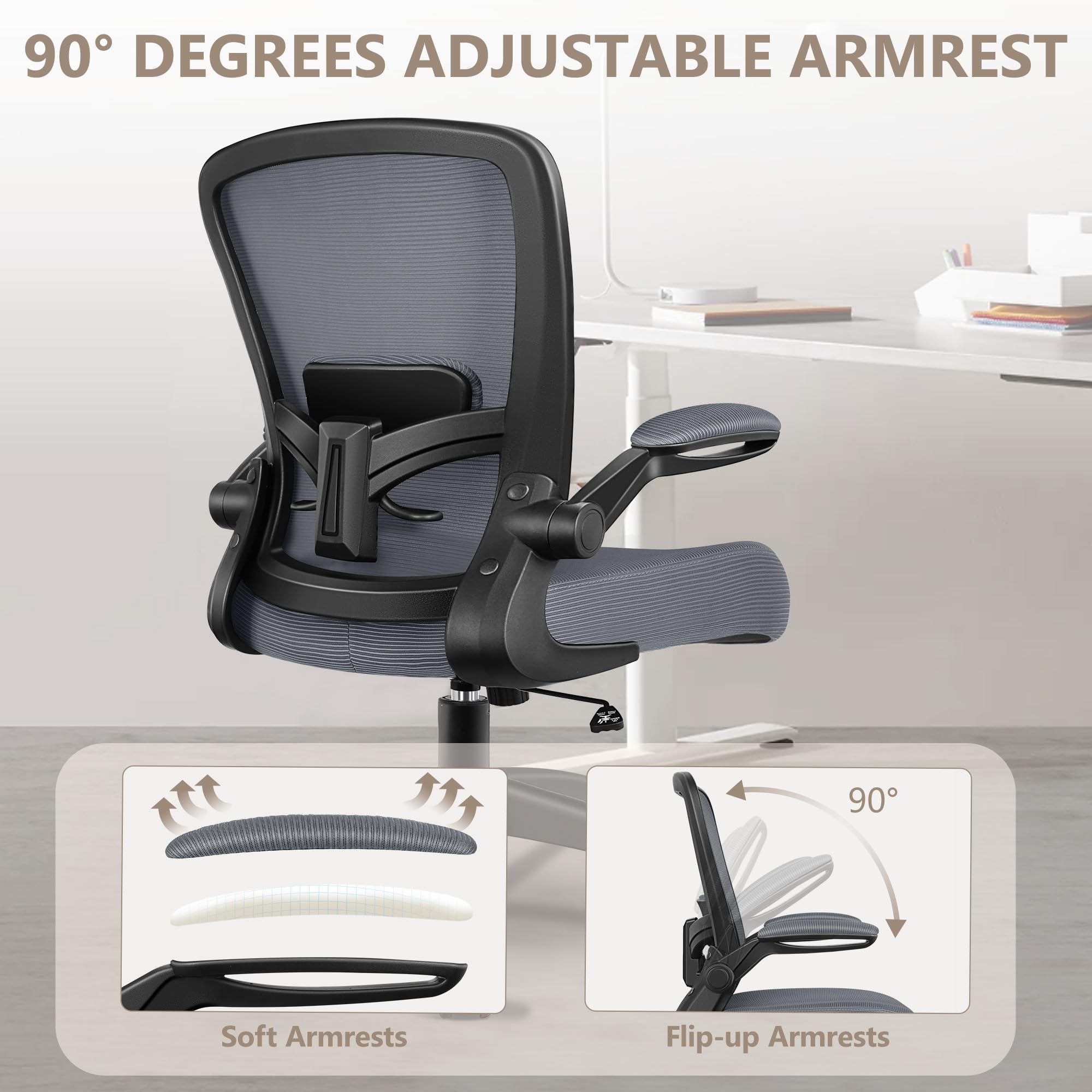 Office Chair, Ergonomic Desk Chair Breathable Mesh Chairs Adjustable High Back Lumbar Support Flip-up Armrests, Executive Rolling Swivel Comfy Computer Chairs Home Office Slate Gray