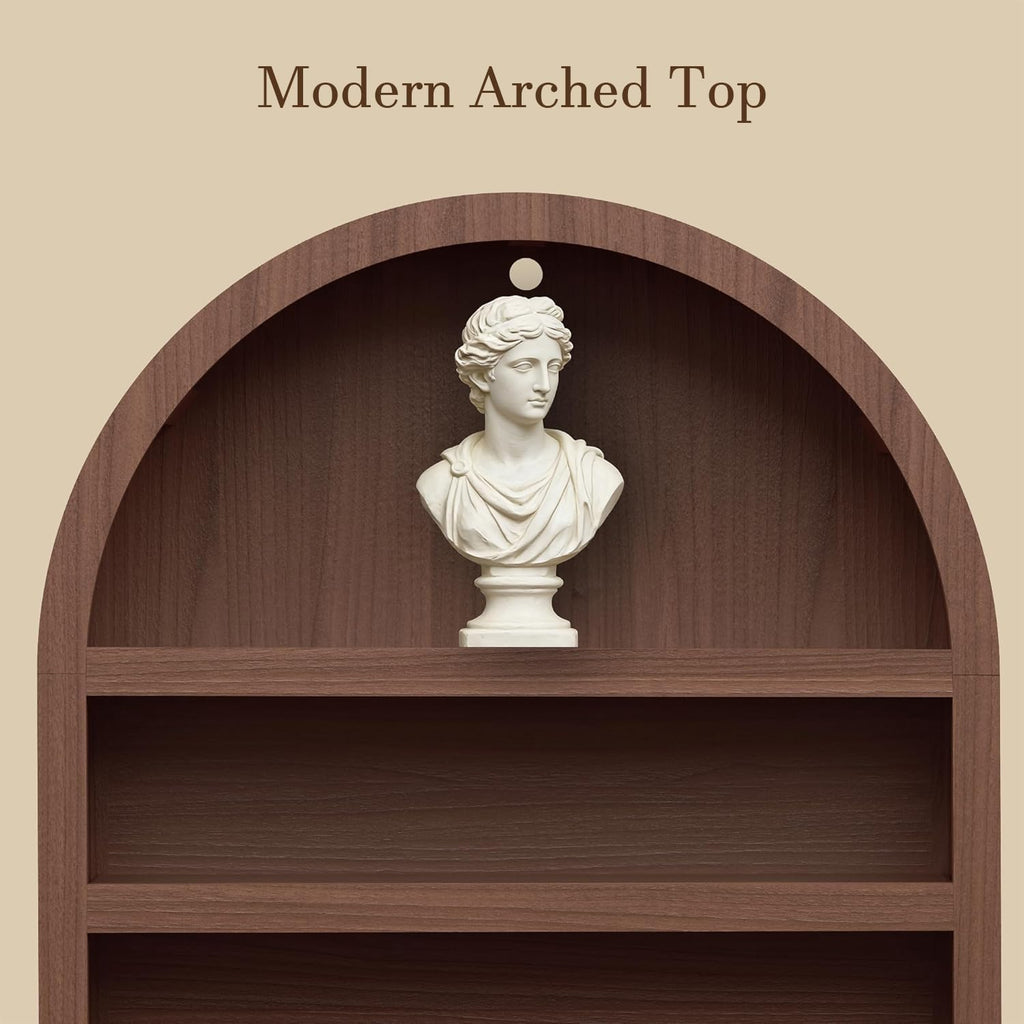 Book Shelf 70" Tall Bookcase with Drawer,7-Tier Arched Cabinet with Storage and Fluted Door,Mid-Century Modern Modular Arch Bookshelf for Office Living Room Bedroom Library (Walnut, 1)