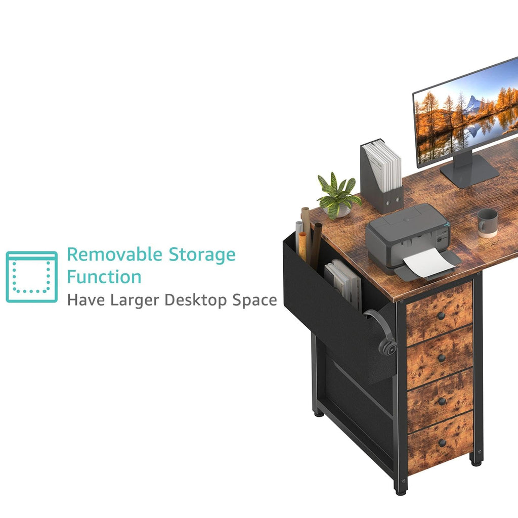 L Shaped Computer Desk with Drawers & Storage Shelves, 63 Inch Corner Desk with Power Outlet for Home Office Bedroom, L-Shaped Teen PC Gaming Desks with Fabric Drawer, Rustic Brown