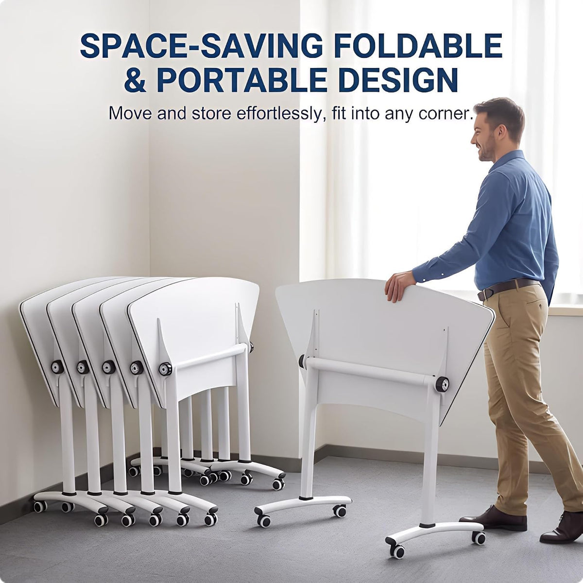 Folding Round Conference Table with Wheels, Flip Top Training Desk, 360° Lockable Casters, Stackable Nesting Mobile Seminar Table for Office Classroom,White,40in,6