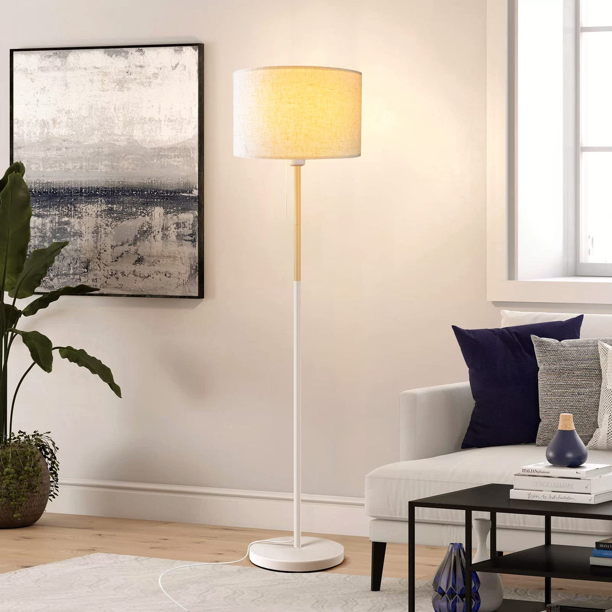Bedroom Standing Floor Lamp, Farmhouse Lamp with Linen Shade, White