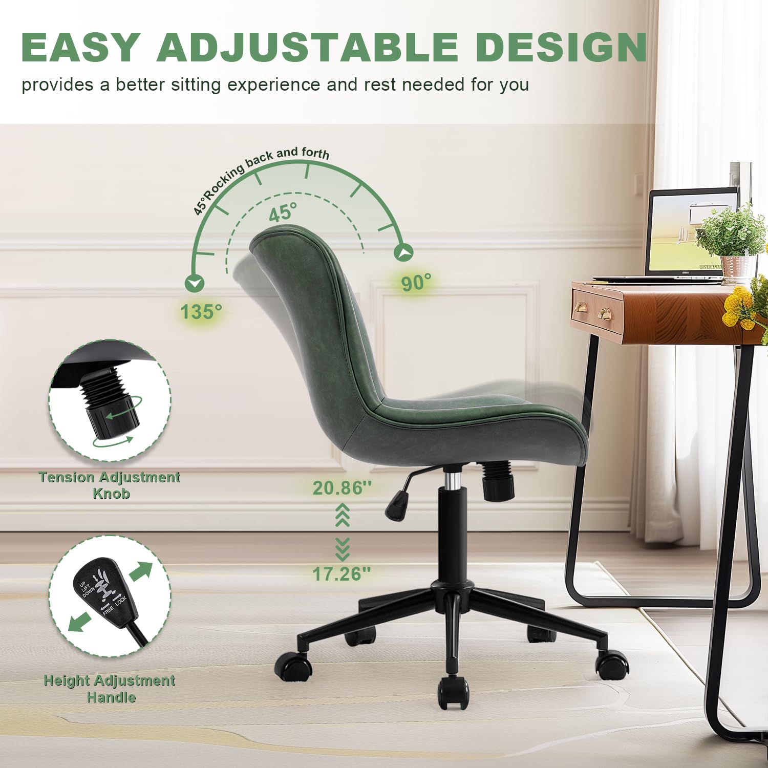 Armless Office Chair, Height Adjustable Desk Chair with Wheels, Ergonomic Comfy 360° Swivel Home Office Computer Task Chair, Faux Leather Padded Cute Vanity Chair,Green