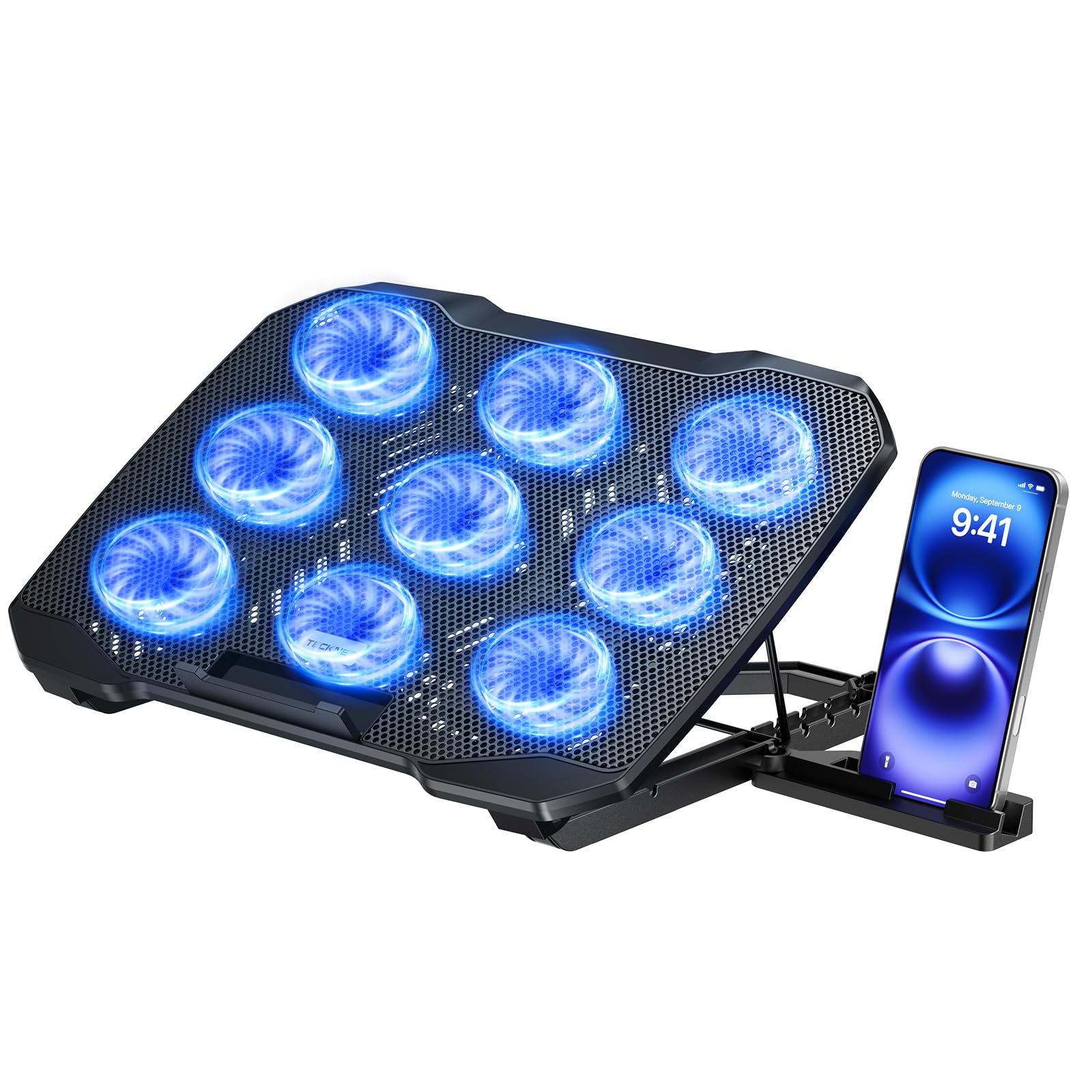 Laptop Cooling Pad with Phone Stand, 9 Quiet Fans with LED Lights, 5 Height Adjustable & 2 USB Ports, Stepless Speed Control to 2600 RPM Laptop Cooler, Laptop Cooling Stand for 12-17.3 Inch