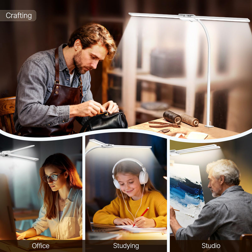LED Desk Lamp, Dual Head Desk Light with Clamp, 50 Lighting Modes Eye-Caring Table Lamp, Flexible Gooseneck Task Light with Motion Sensor, Wired Control, Timer & Memory Function for Office