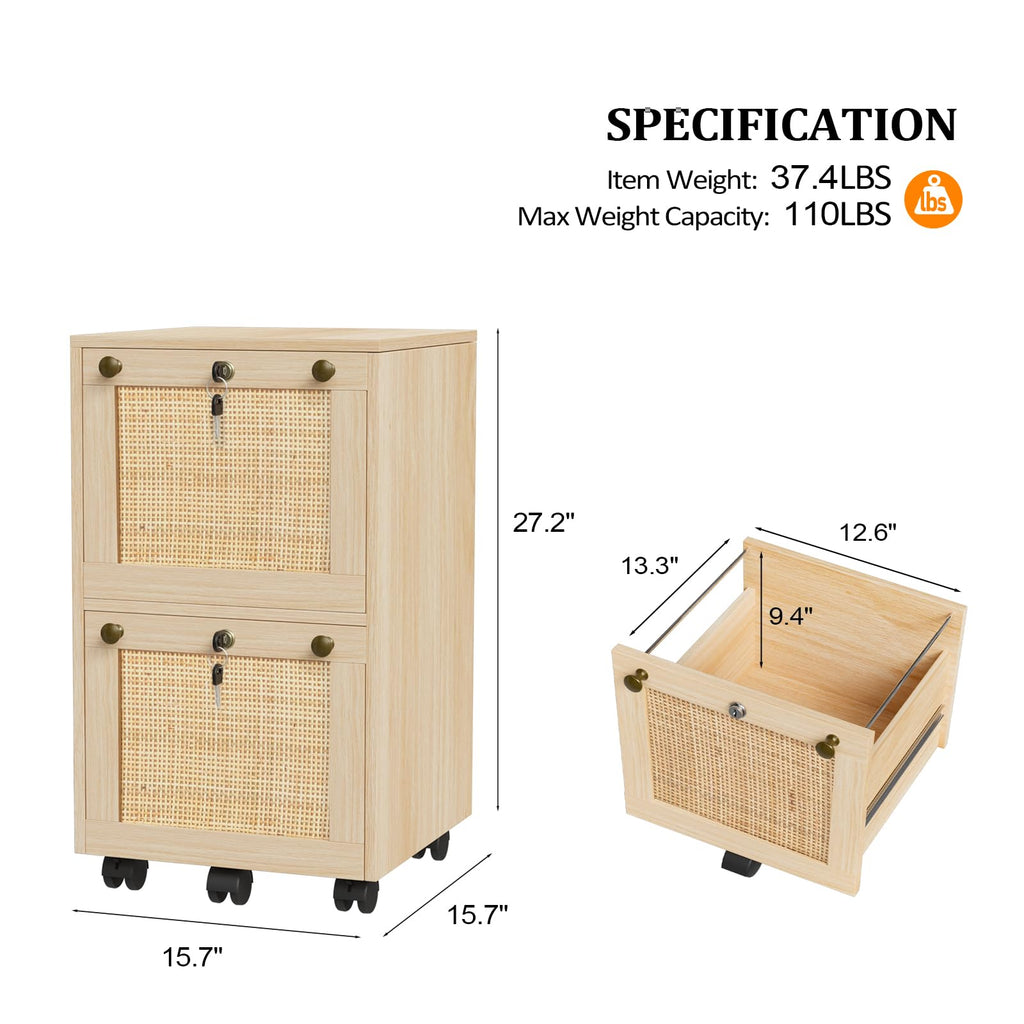2 Drawer File Cabinet with Lock, Rolling File Cabinets for Home Office, Small Printer Stand, Wood Rattan Oak File Organizer, Under Desk Filing Cabinet on Wheels for Folders with Tabs