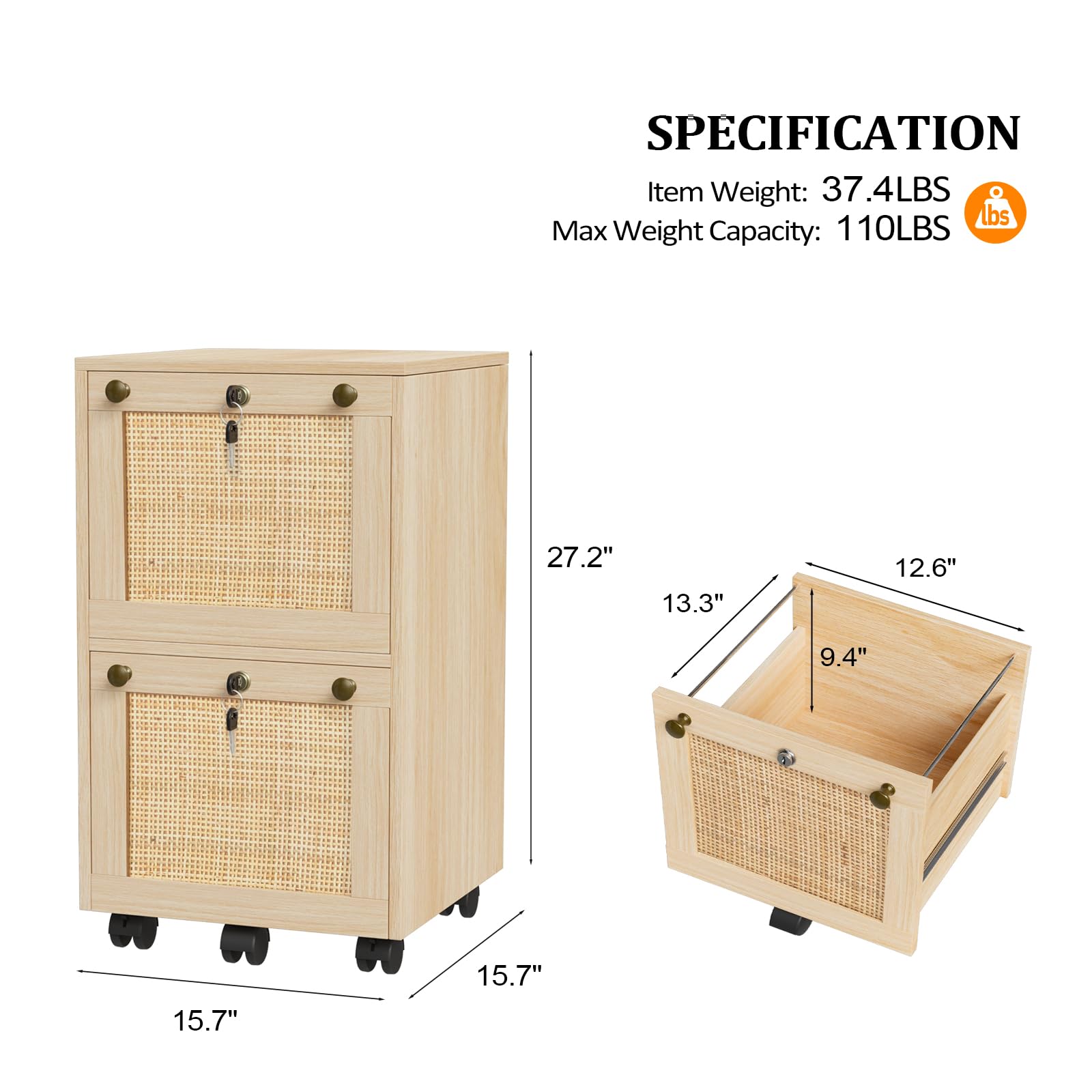 2 Drawer File Cabinet with Lock, Rolling File Cabinets for Home Office, Small Printer Stand, Wood Rattan Oak File Organizer, Under Desk Filing Cabinet on Wheels for Folders with Tabs