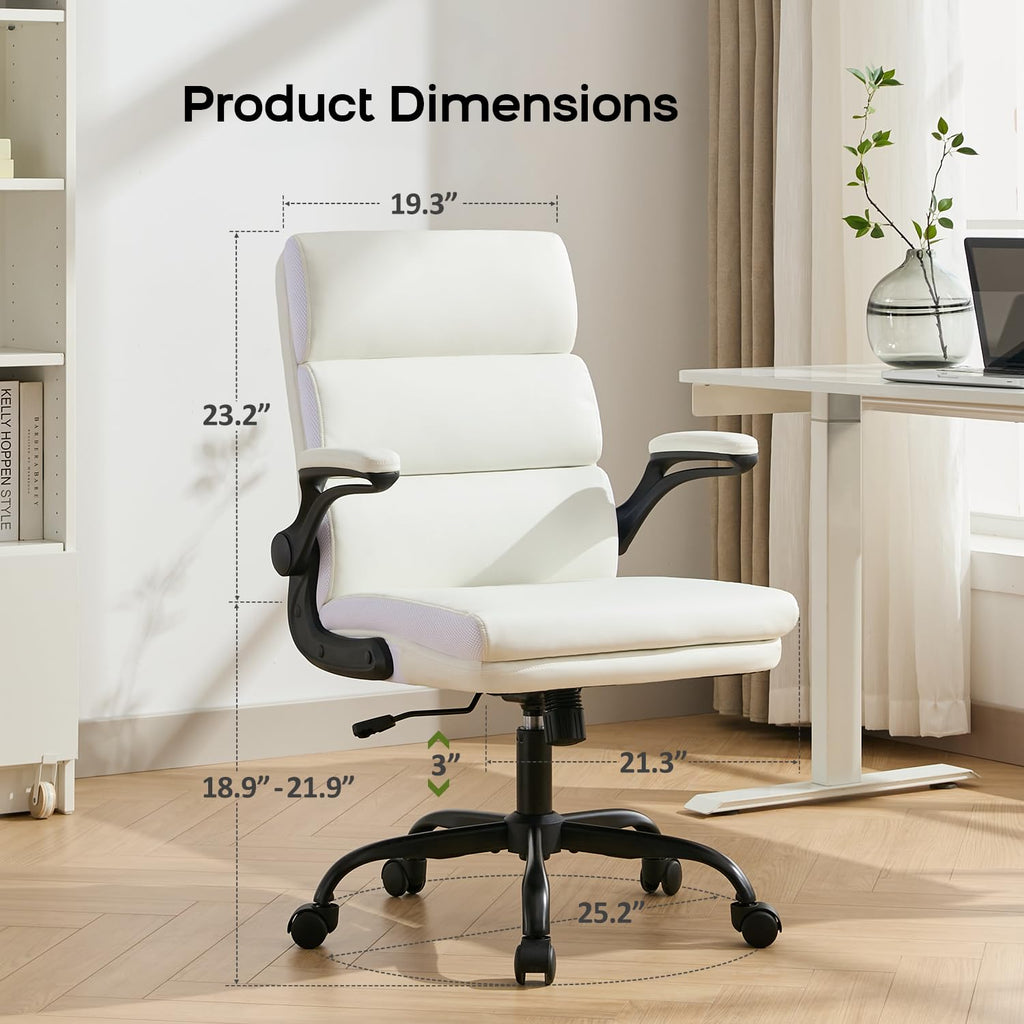 Office Chair Adjustable Desk Chair Mid Back Executive Comfortable Bonded Leather Ergonomic Back Support Home Computer Chair with Padded Flip-up Armrest Swivel Wheels (White)
