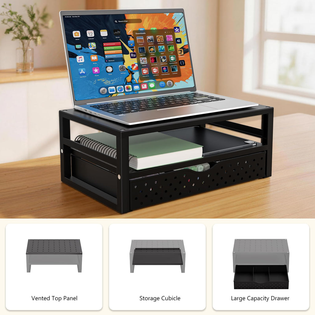 Monitor Stand Riser with Drawer, Desk Organizers and Accessories for Computer, Printer, Laptop Stand for Home Office Supplies, (PTT005-B), 1 Pack, Black