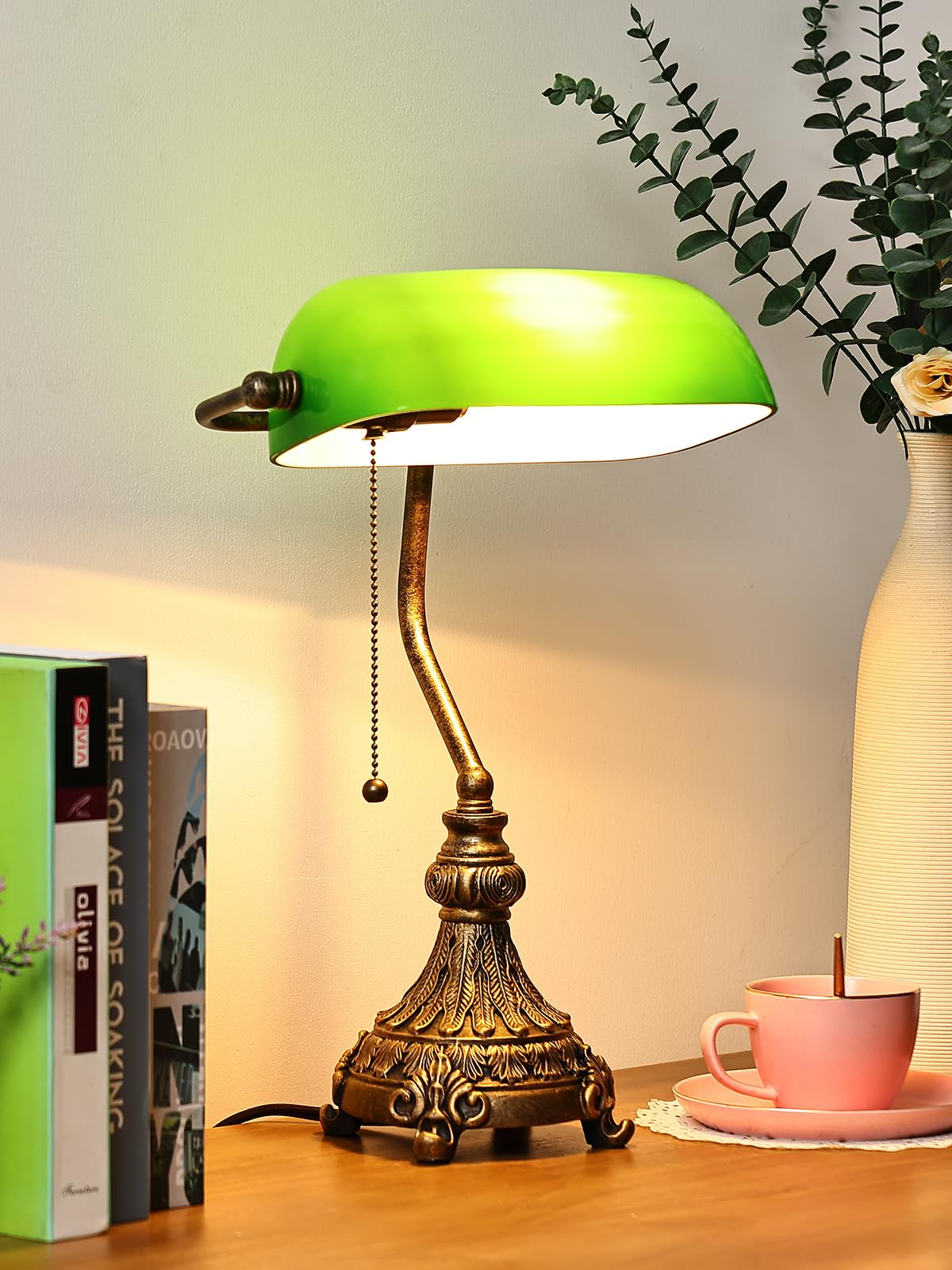 Vintage Green Glass Bankers Desk Lamp, LED Bulb Included