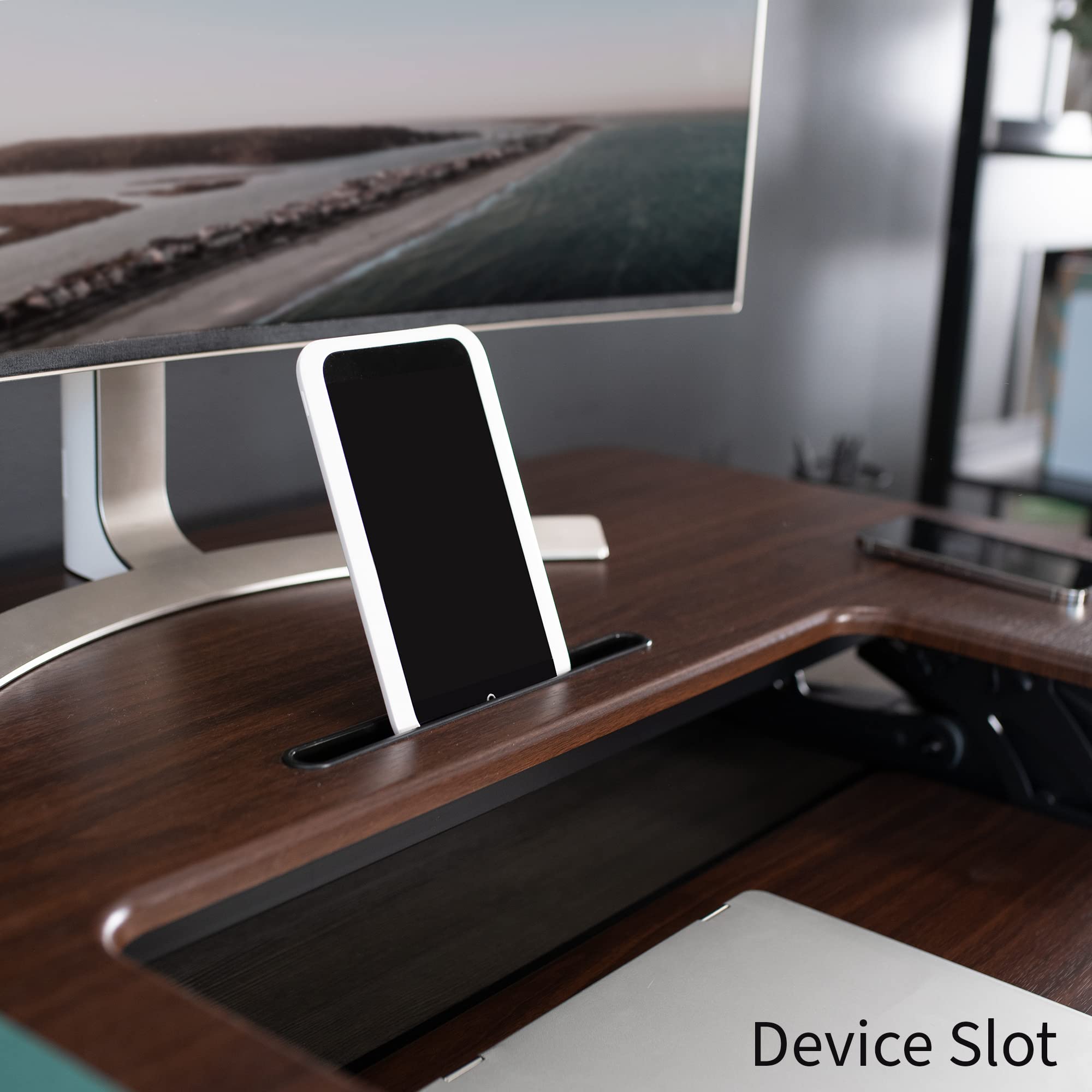 42 inch Height Adjustable Stand Up Desk Converter, V Series, Quick Sit to Stand Tabletop Dual Monitor Riser Workstation, Dark Walnut Top, Black Frame
