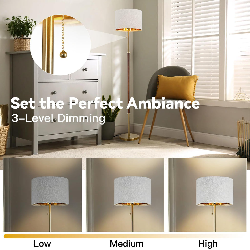Bedroom Standing Floor Lamp, Farmhouse Lamp with Linen Shade, Gold