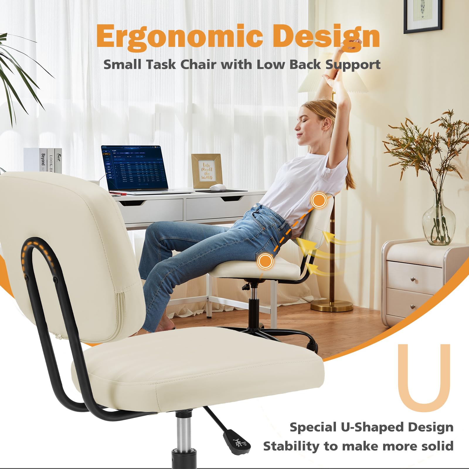 Small Office Desk Chair - Armless PU Leather with Comfy Lumbar Support, Height Adjustable Rolling Swivel Task for No Arms, for Adult, Student, Bedroom, Home, Vanity, Beige White
