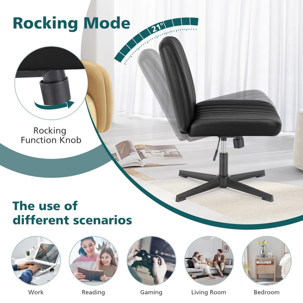 Criss Cross Legged Chairs No Wheels, Wide Seat Height Adjustable Swivel Chair,Padded PU Leather Armless Desk Chair for Home Office Bedroom, Student, Study Room,Black-Pu