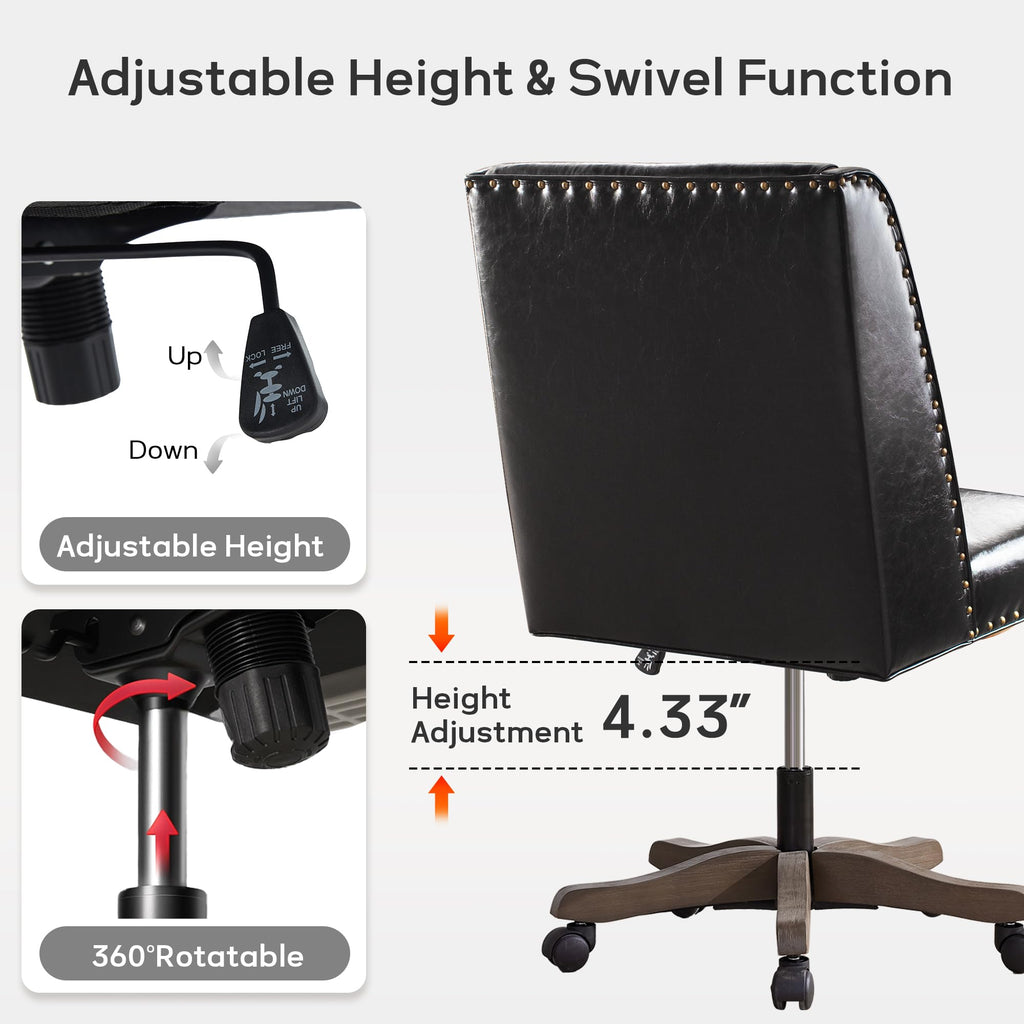 Armless Home Office Chair with Wooden Legs, Modern Leather Upholstered Office Desk Chair No Arms Sewing Chair Adjustable Swivel Desk Chair for Farmhouse Office Study Studio (Black)