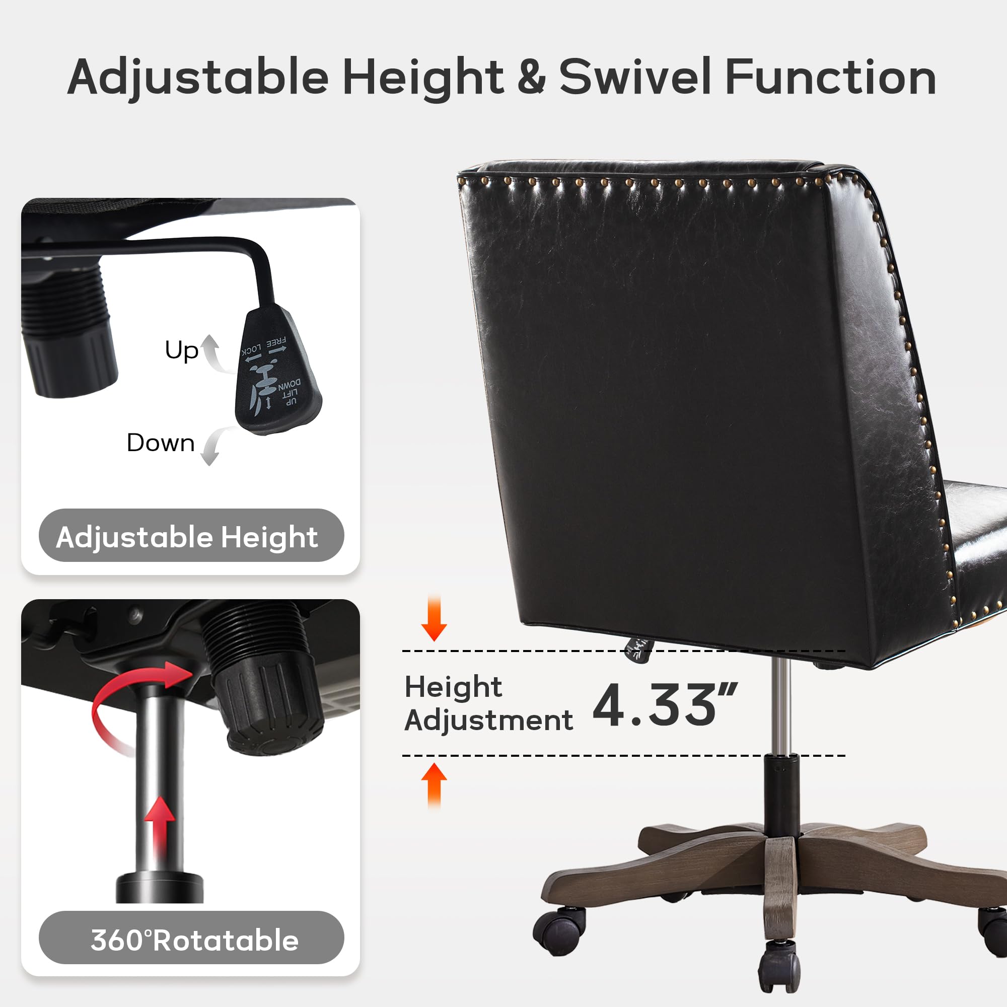 Armless Home Office Chair with Wooden Legs, Modern Leather Upholstered Office Desk Chair No Arms Sewing Chair Adjustable Swivel Desk Chair for Farmhouse Office Study Studio (Black)