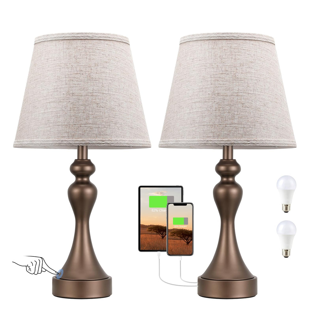 Touch Lamps for Nightstand, 3 Way Dimmable Bedside Lamps with USB C+A Ports