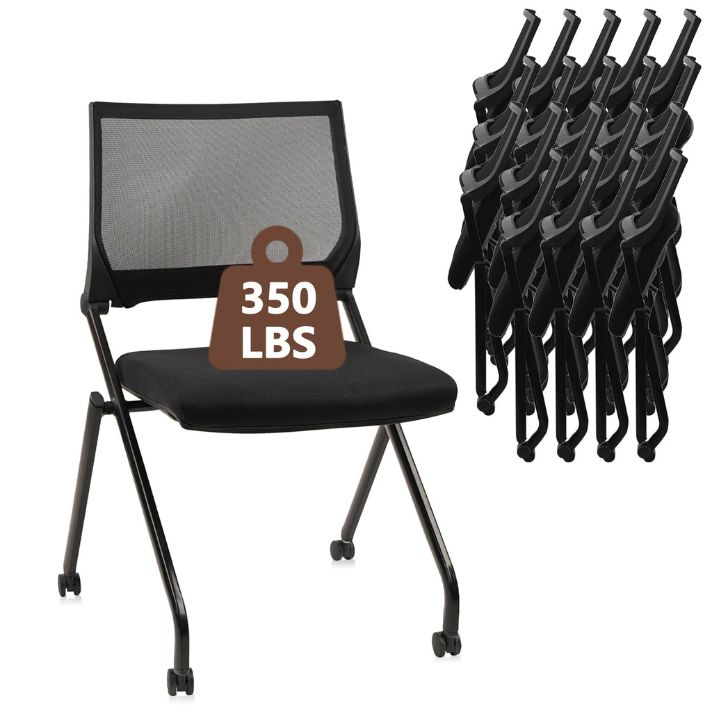 20 Pack, Stackable & Foldable Chairs with Wheels, Reception Guest Chairs with Lumbar Support, Ergonomic Mesh Back Folding Chair for Office Schools Training Conference Waiting Room, Black
