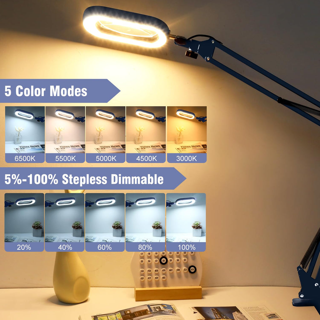 14.35" Large Magnifying Glass with Light and Clamp, Real Glass, 5 Color Modes, Stepless Dimmable, Lighted Magnifier with Stand Hands Free, LED Swing Arm Desk Lamp for Close Work, Craft, Blue