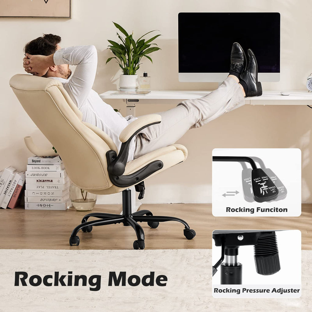 Ergonomic Office Chair, Heavy Duty 275lbs High Back Desk Chair, Flip-up Armrest PU Leather Swivel Rolling Chair with Wheels,White