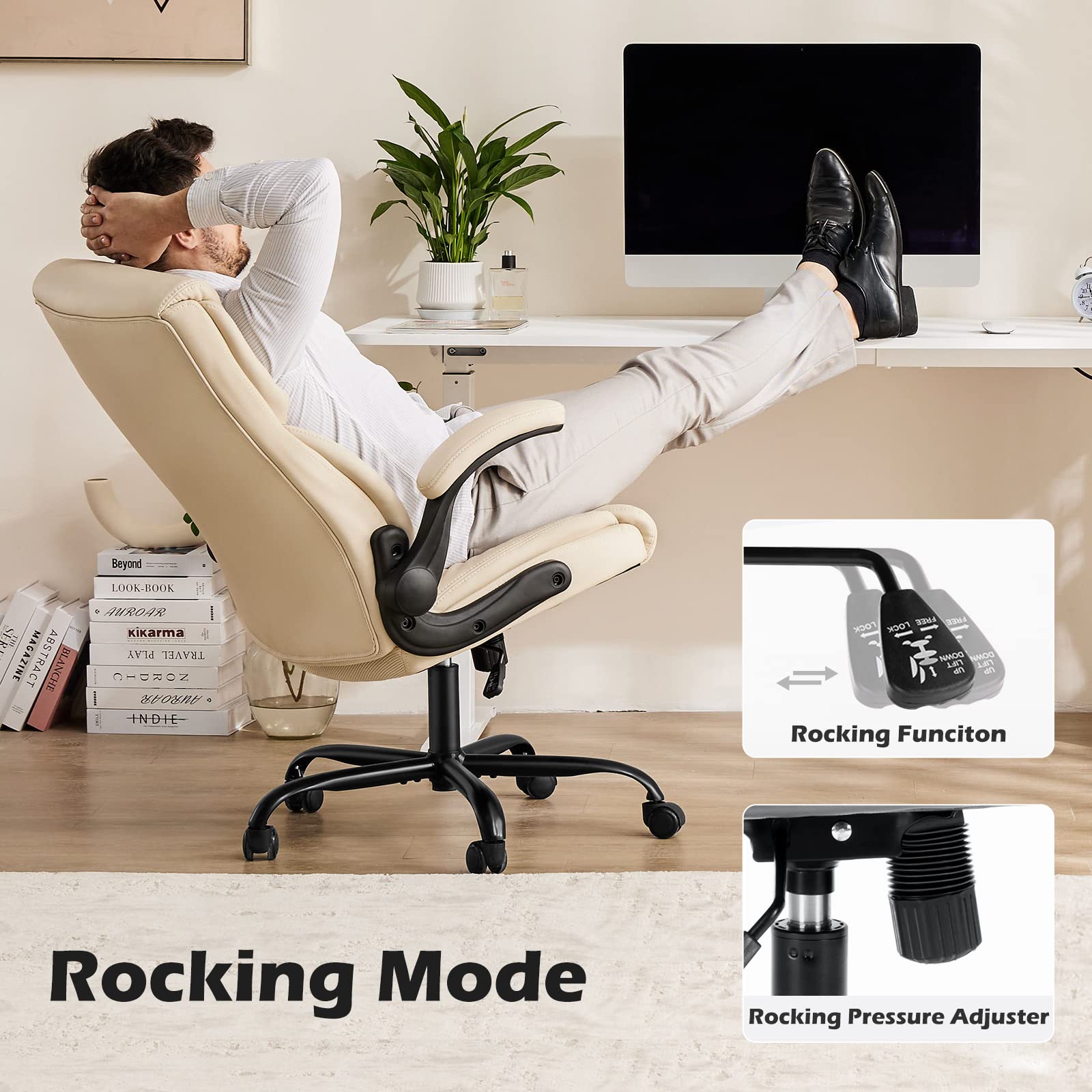 Ergonomic Office Chair, Heavy Duty 275lbs High Back Desk Chair, Flip-up Armrest PU Leather Swivel Rolling Chair with Wheels,White
