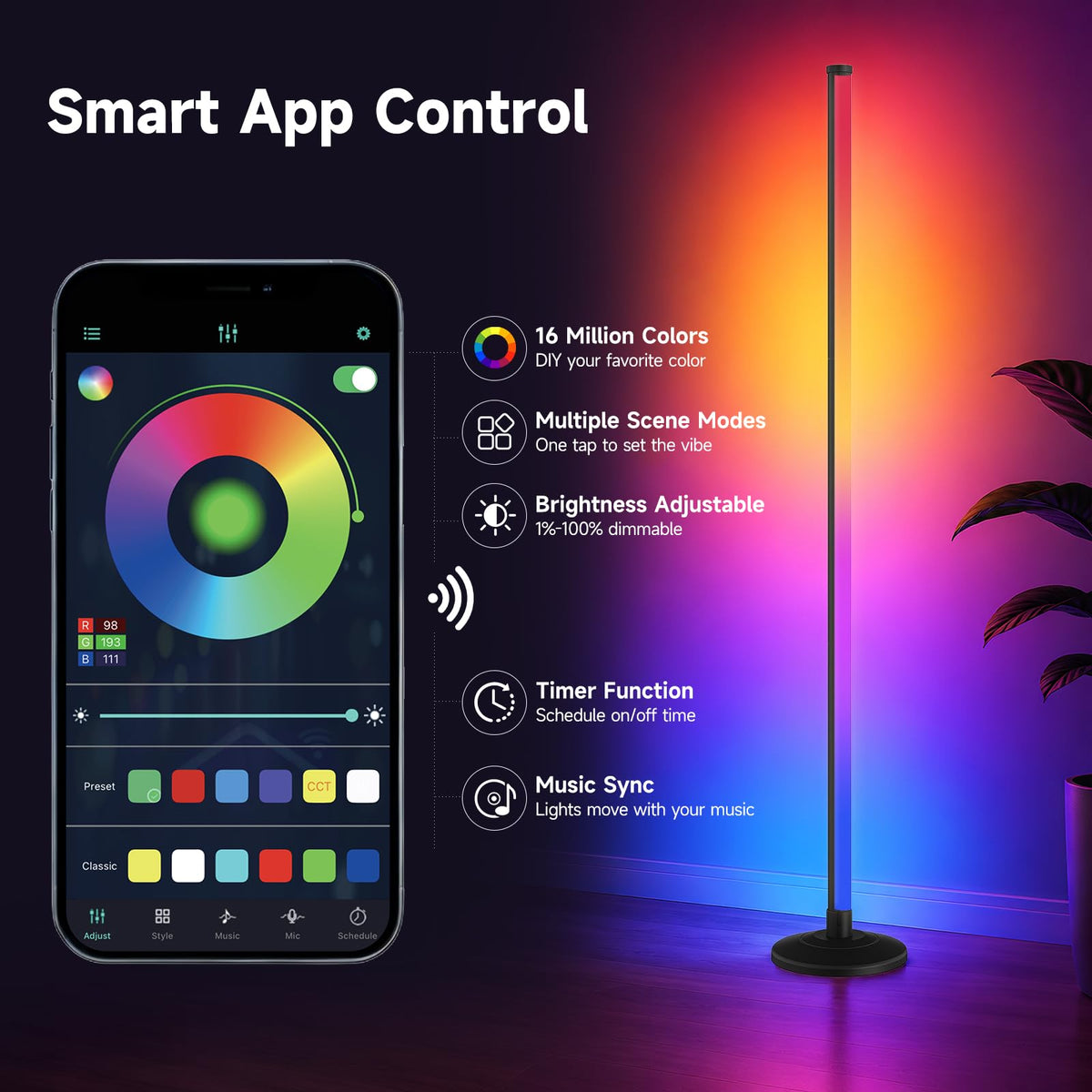 RGB Corner Floor Lamp,1800LM Ambient Lighting for Gaming Room,2P